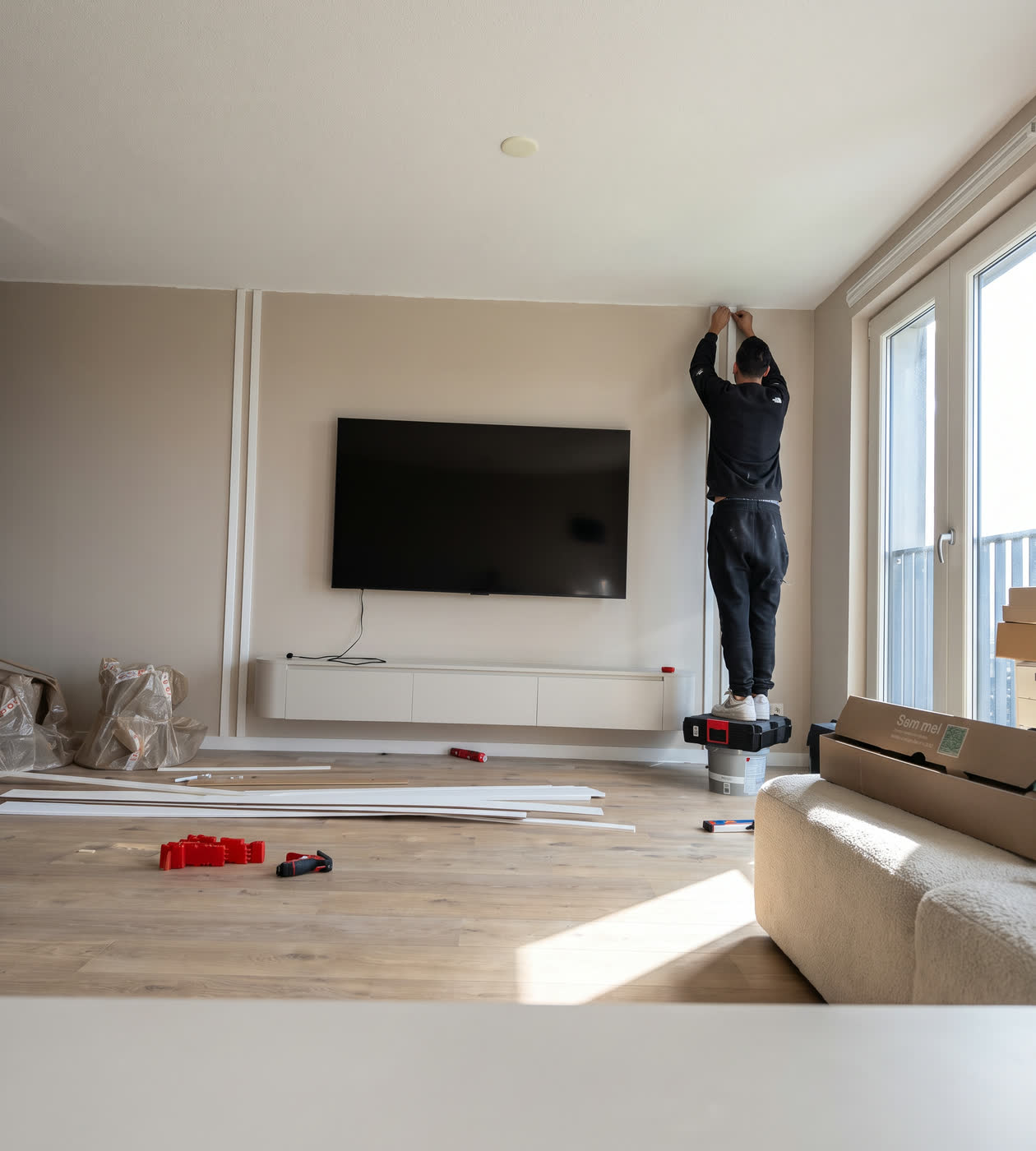 Opgeleverde woonkamer met een strak gemonteerde televisiewand en zwevend wandmeubel